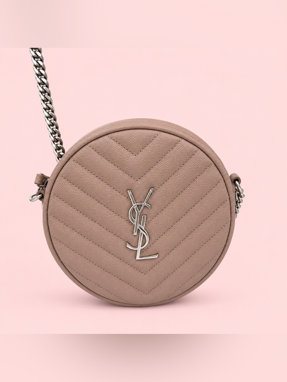 YSL Saint Laurent Chevron Lou Round Circle Shoulder Crossbody Bag Tan Authentic - Picture 4 of 6